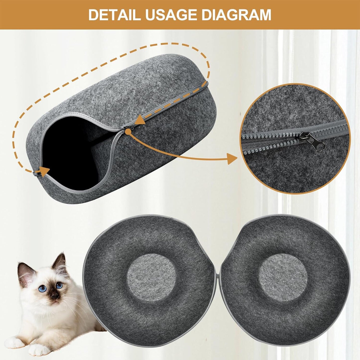 Peekaboo Cat Cave EXTRA LARGE Cat Tunnel Bed Indoor Cats, Cat Donut,Gray, USA