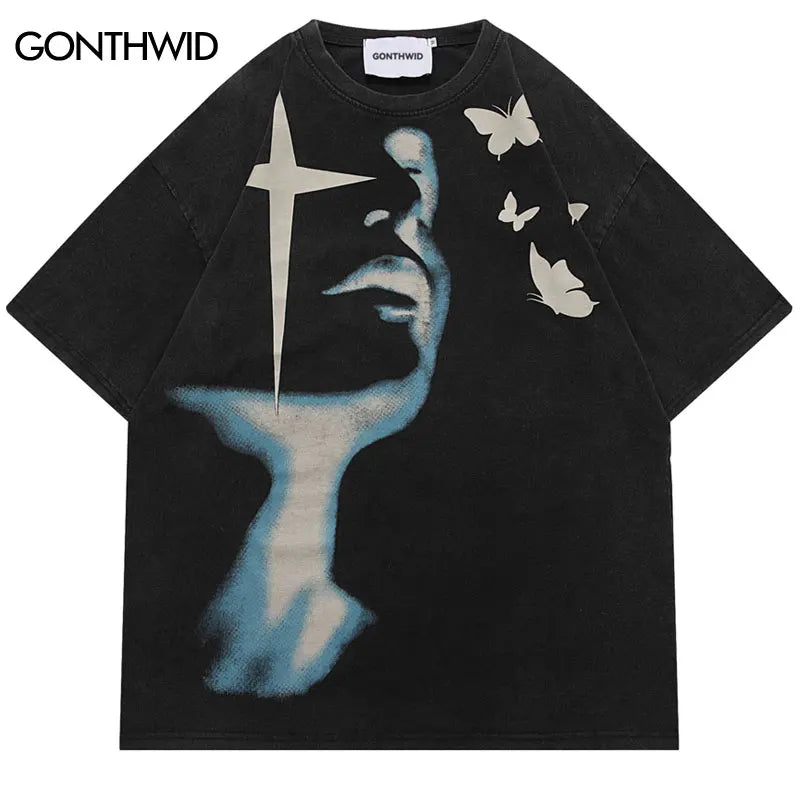 Men Washed Tshirt Streetwear Shadow Butterfly Graphic T-Shirt Retro Vintage Print 2024 Hip Hop T Shirt Harajuku Tops Tees Cotton