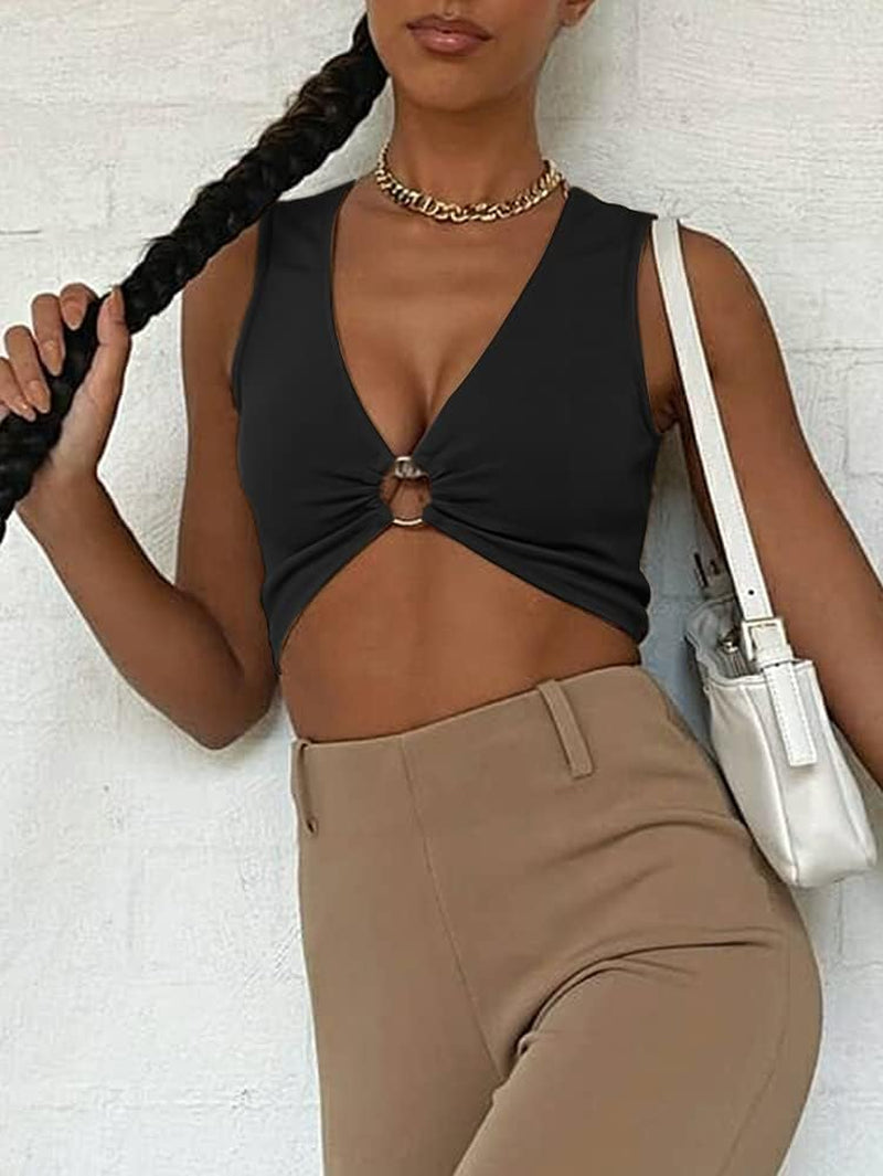 Sexy Crop Tops for Women Sleeveless Deep V Neck Workout Tops Plunge Ring Cleavage Cropped Tank Top