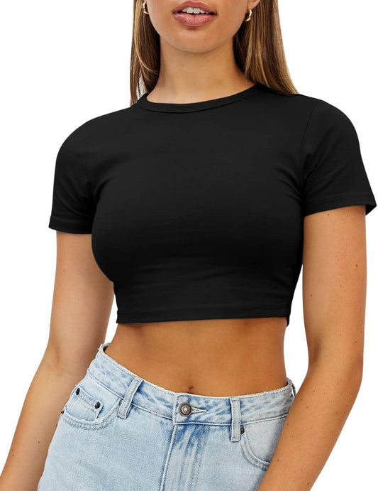 Womens Crop Tops Cute Summer Scoop Neck Basic Tees Slim Fit Trendy Short Sleeve T Shirts for Teen Girls 2024