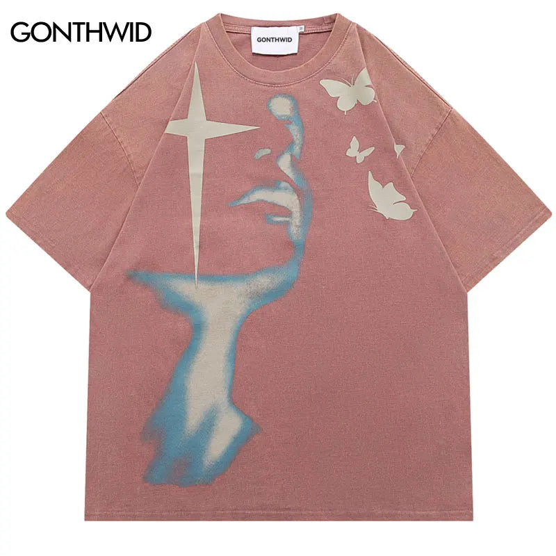 Men Washed Tshirt Streetwear Shadow Butterfly Graphic T-Shirt Retro Vintage Print 2024 Hip Hop T Shirt Harajuku Tops Tees Cotton