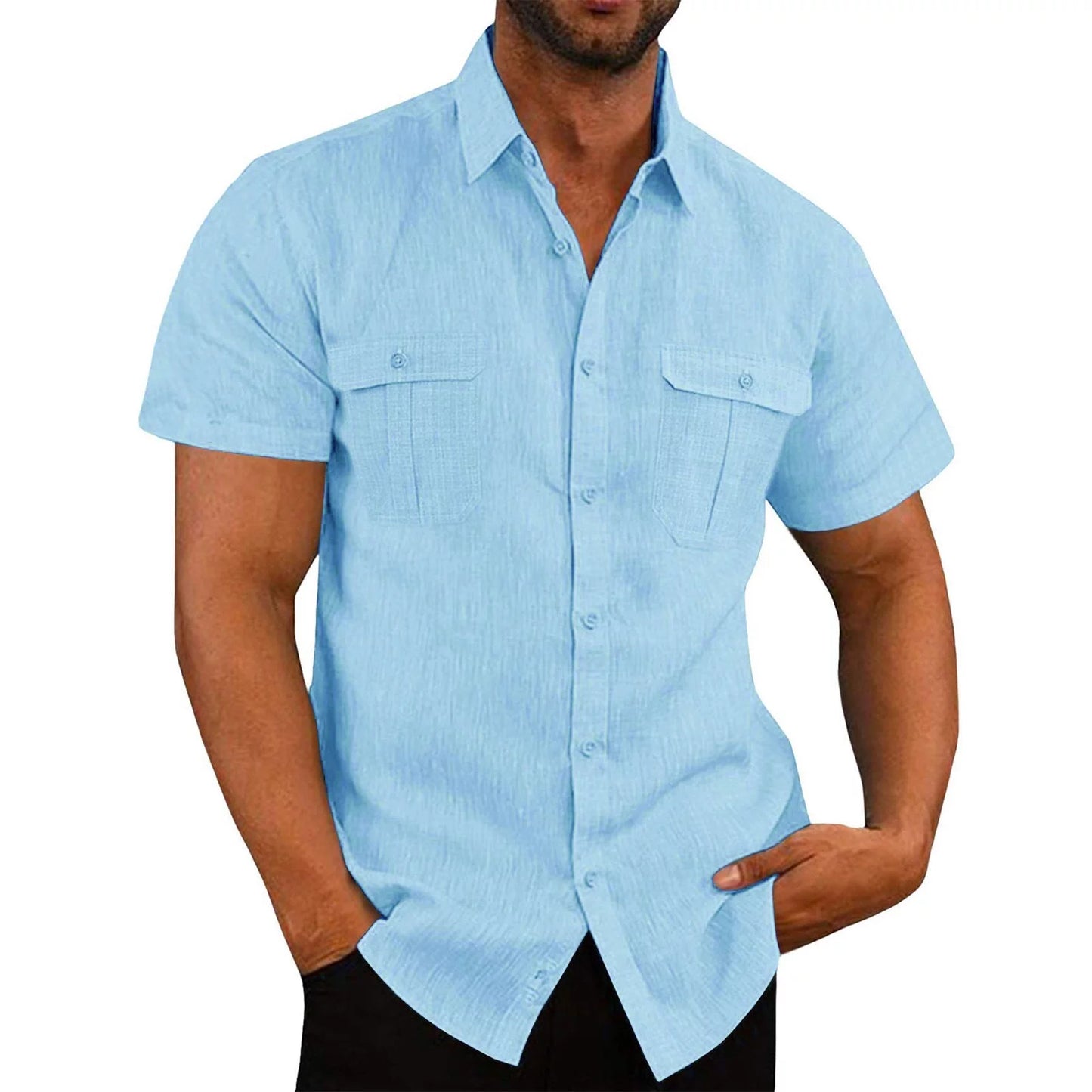 Mens Short Sleeve Classic Shirts Fishing Casual Regular-Fit Button-Up Collared Plaid Double Pocket Dress Shirt Top Tees Blouses Men Short Sleeve Shirts Button up Clearance Beach Wedding Shirt M-5XL